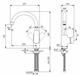 Ideal Standard CERAFLEX plautuvės maišytuvas, CLICK technologija, vandens temperatūros ribojimas, sukiojamas snapas, ch.