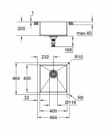 Grohe nerūdijančio plieno plautuvė K700 45-S 464x464, montuojama iš apačios