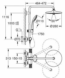 Termostatinė dušo sistema Euphoria 260 (stac. galva Ø260, alkūnė 450 mm, 3`jų srovių rankinis dušas 110), chromas