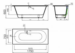 Akmens masės vonia Vispool Evento 1750x750 mm, stačiais kampais, balta