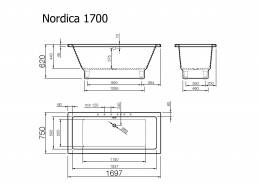 Akmens masės vonia Nordica  1690x750 mm su skylėm maišytuvui, paslėptomis kojomis, balta