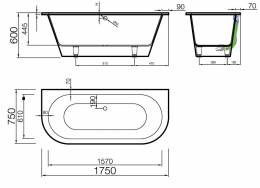 Akmens masės vonia Vispool Evento 2, 1750x750 mm, su 2 apvalintais kampais, balta 100111(2)