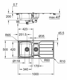 Grohe nerūdijančio plieno plautuvė K500, dubuo 34 x 42 cm, su nuvarvinimo indu