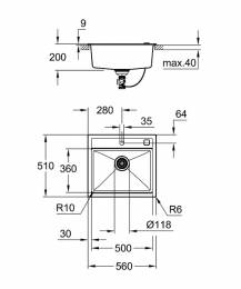 Grohe akmens masės plautuvė K700, 560x510 mm, granito juoda spalva