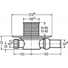 Horizontalus trapas, "sausas" DN50, su nerūdijančio plieno grotelėmis 100 x 100, (0,4 l/s)