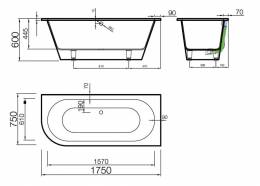 Akmens mases vonia Evento 1750x750mm,su 1 apvalintu kampu kairėje (Nr.3),balta(1001113K)