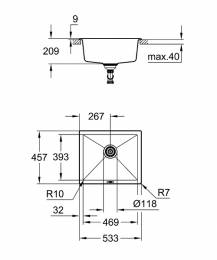 Grohe akmens masės plautuvė montuojama stalviršio apačioje K700U, 533 x 457 mm, granito juoda spalva